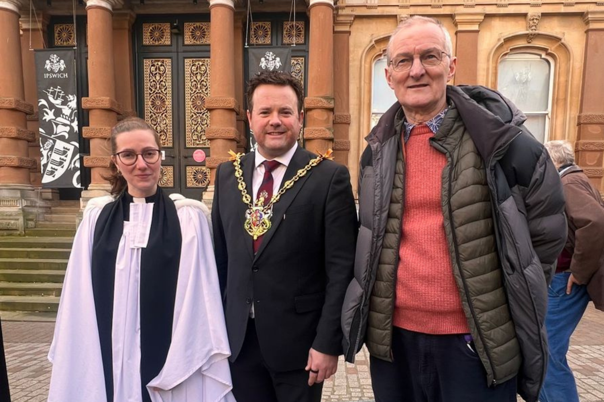 Revd Pippa Scott, Stefan Long, Mayor of Ipswich, and Alan Cutting, Head of the Ukraine Response for Together for Ipswich